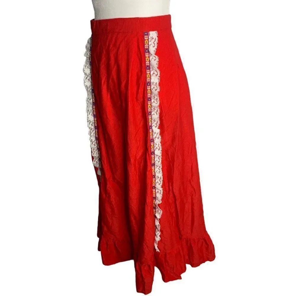 Vintage 70s Soft Corduroy Skirt S Red Lace Ruffle Prairie Cottage Core